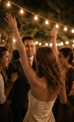 Guests dancing beneath string lights