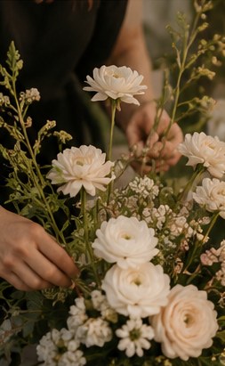 Hands arranging white garden roses and wildflowers